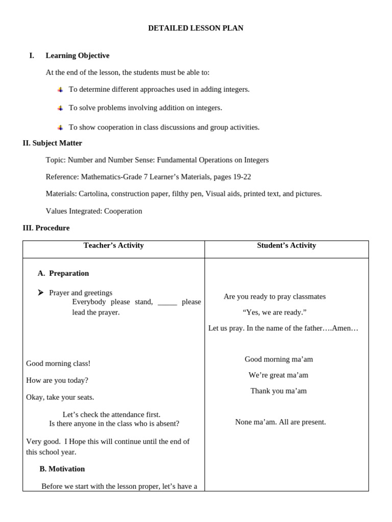 Adding Integers Lesson Plan | PDF | Lesson Plan | Numbers