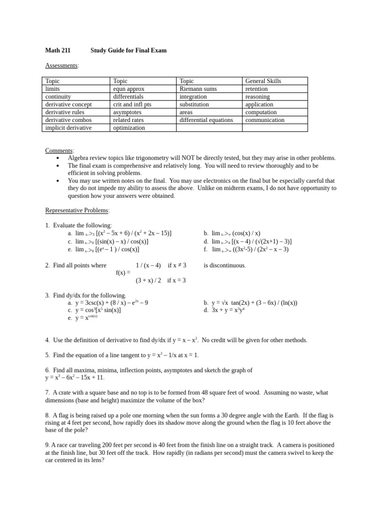 Math 211 Final Exam Study Guide | PDF | Mathematics | Mathematical Analysis