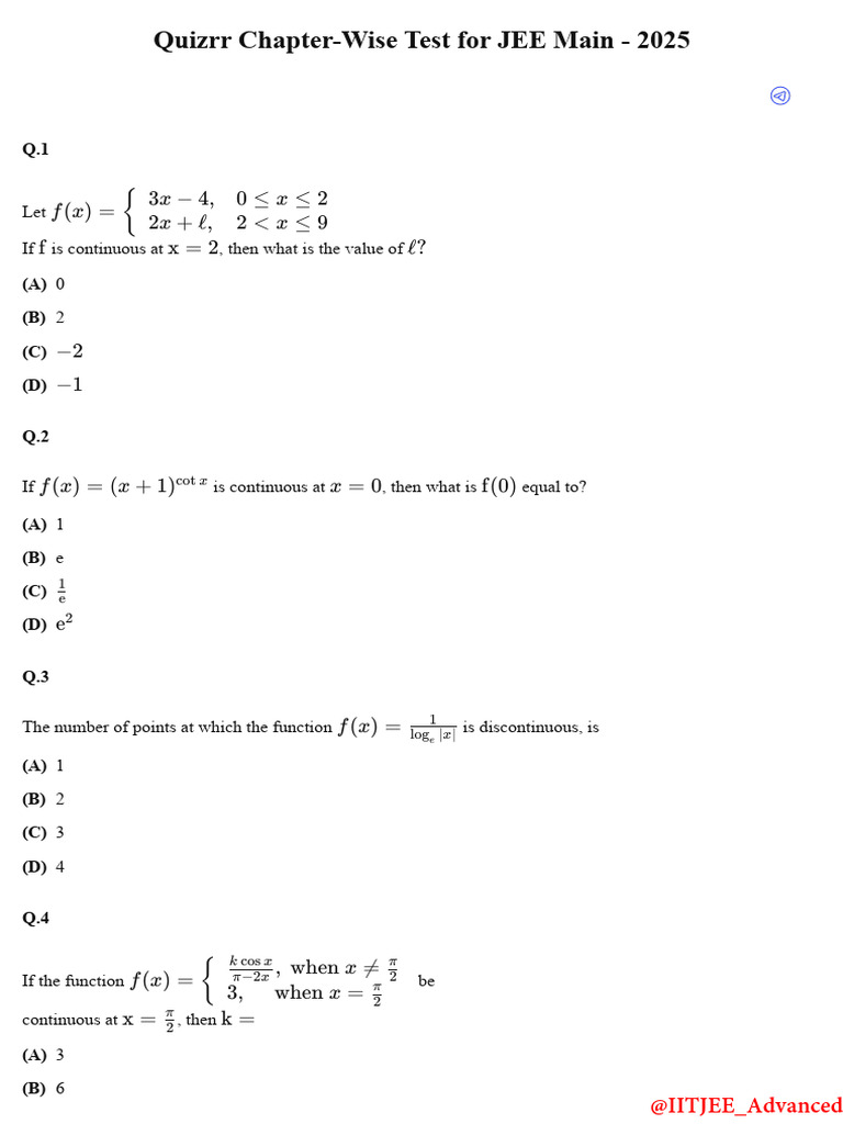 JEE Main 2025 Chapter-Wise Quiz on Continuity | PDF | Mathematical ...