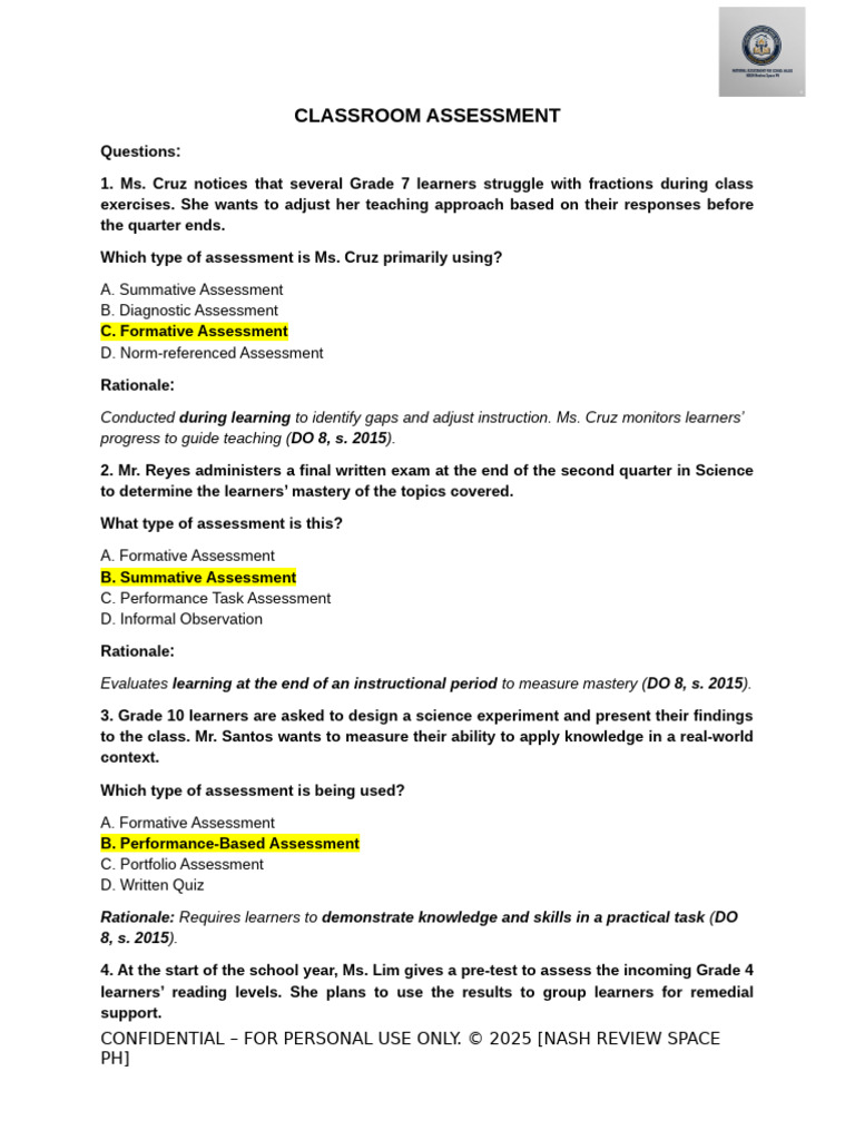 CLASSROOM ASSESSMENT | PDF | Educational Assessment | Learning