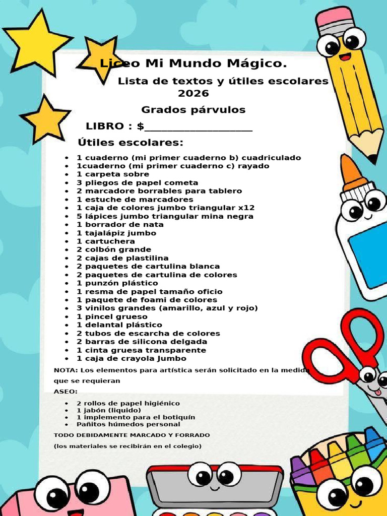Útiles Escolares Liceo Mi Mundo Mágico 2026 | PDF | Cuaderno | Papel