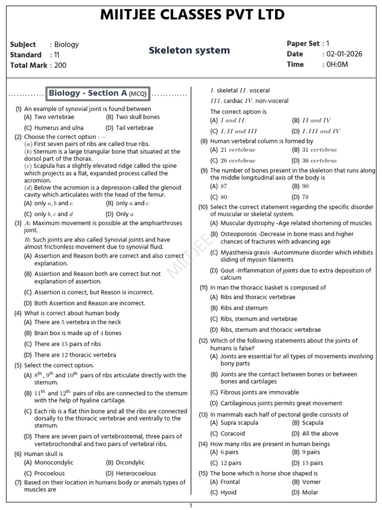 Biology MCQ Paper for Class 11 | PDF | Vertebra | Joint