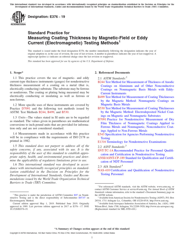 ASTM E376-19 Standard Practice For Measuring Coating Thickness by ...