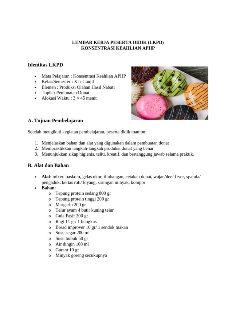 Panduan Pembuatan Donat APHP Kelas XI | PDF