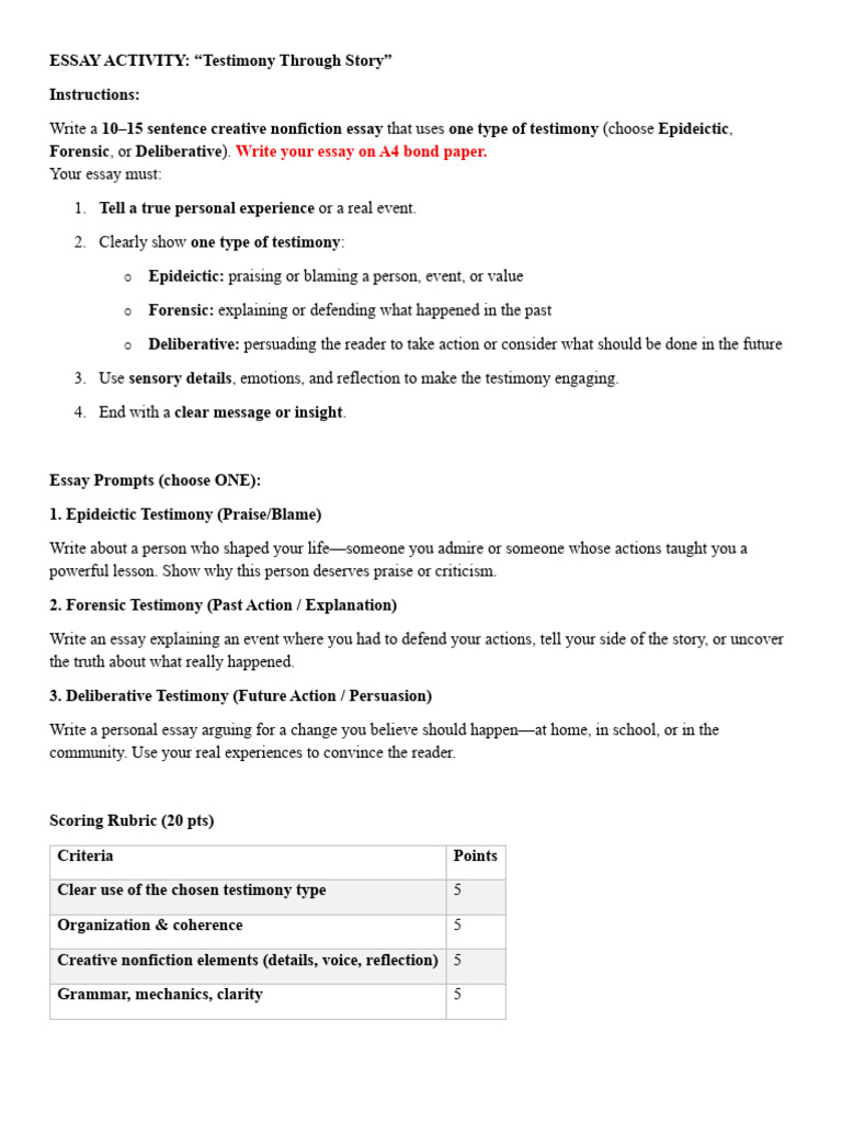 Testimonio Essay Activity | PDF