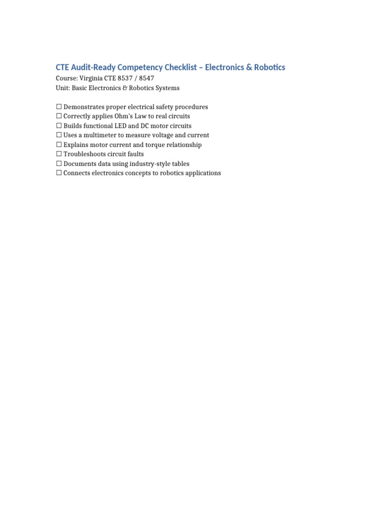 CTE Electronics & Robotics Checklist | PDF