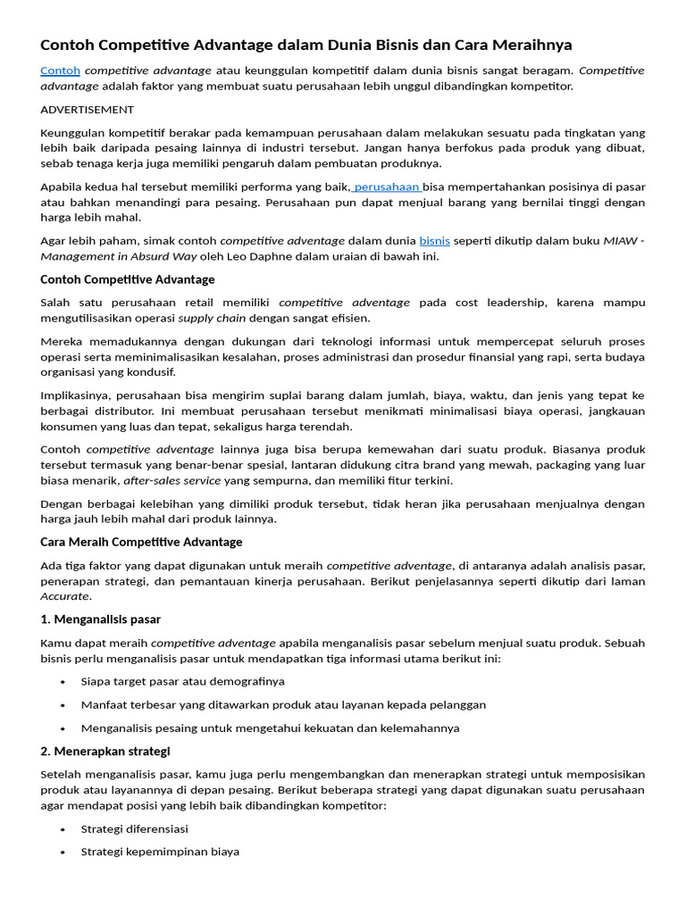 SUPPORTING MATERIAL Contoh Competitive Advantage Dalam Dunia Bisnis Dan ...