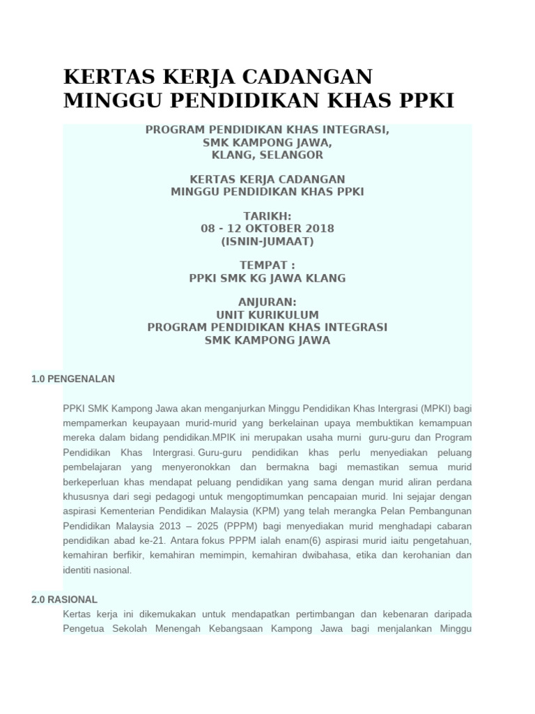 Contoh Kertas Kerja Minggu Pendidikan Khas Ppki | PDF