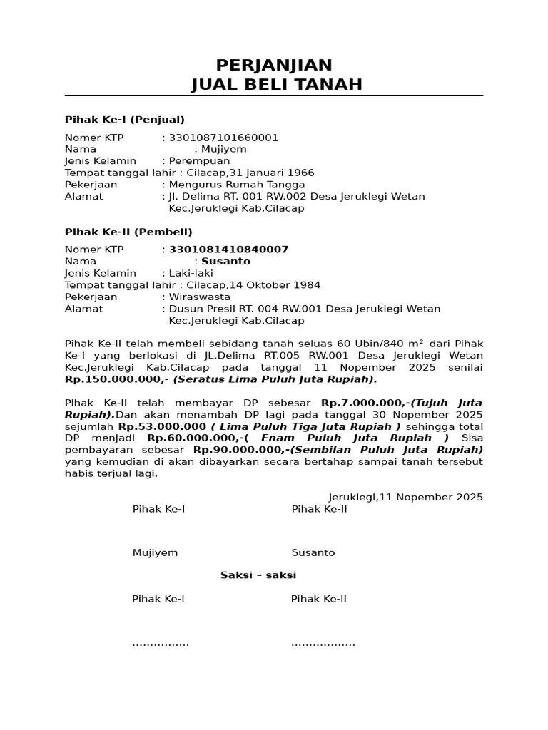 Perjanjian Jual Beli Tanah Cilacap | PDF
