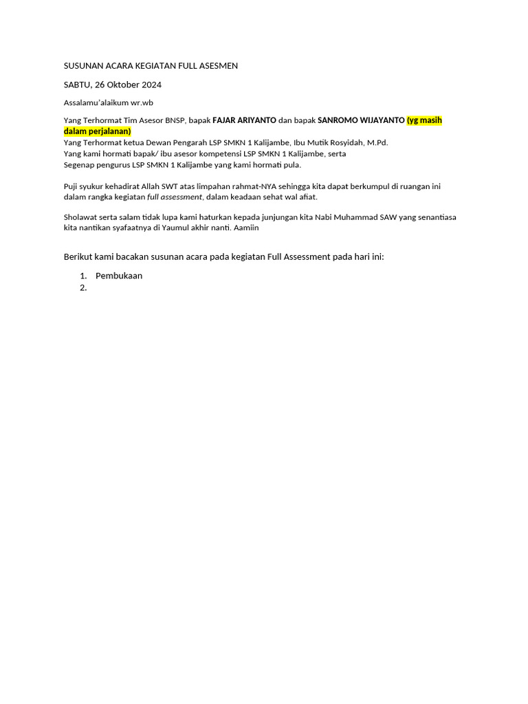 Susunan Acara Full Assessment 2024 | PDF