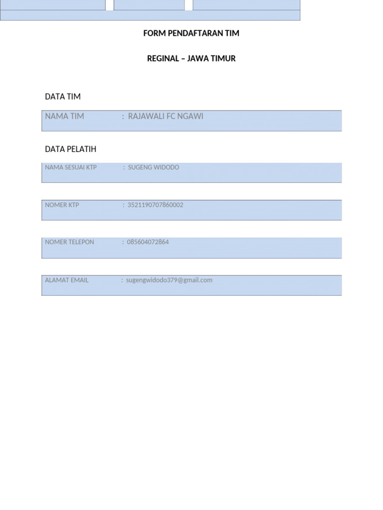 Formulir Pendaftaran Tim Rajawali FC | PDF