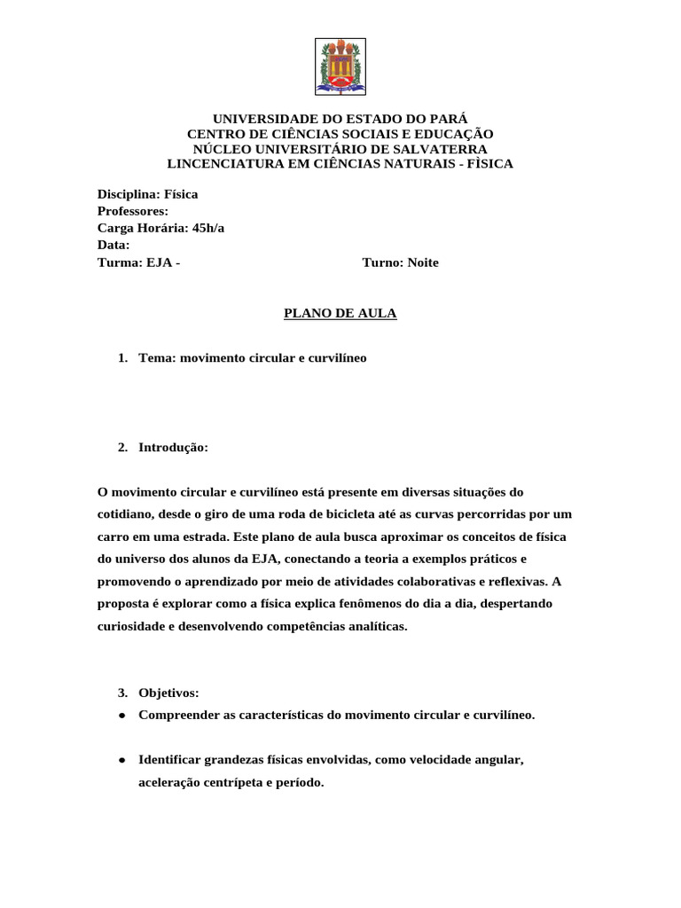 Plano de aula física | PDF | Física | Pedagogia