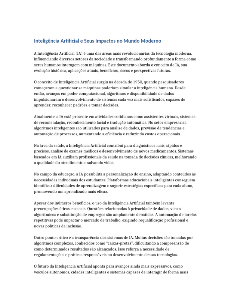 Impactos da Inteligência Artificial Hoje | PDF | Inteligência ...
