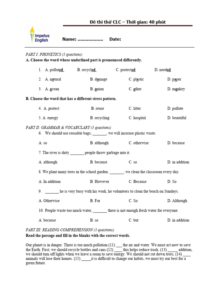CLC Practice Test: Phonetics & Grammar | PDF | Waste