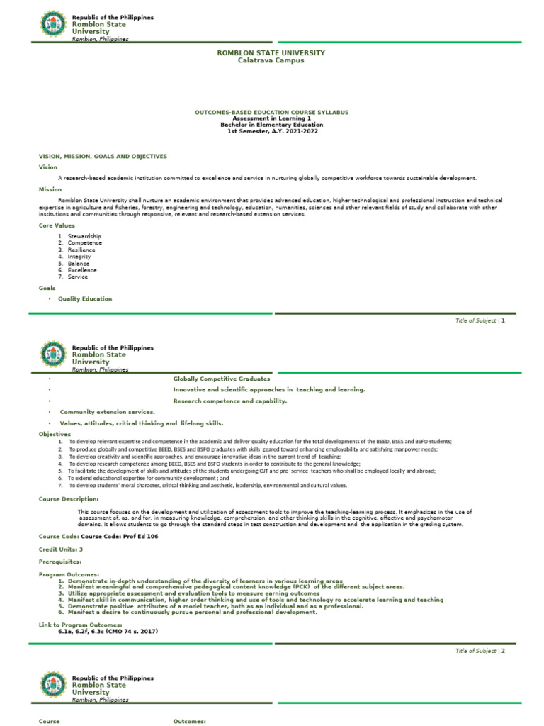 Outcomes-Based Education Syllabus | PDF | Educational Assessment | Learning