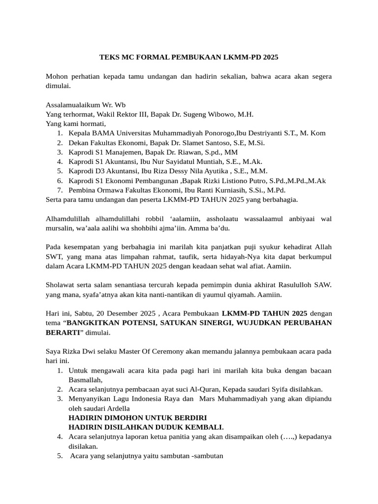 Teks MC Formal (Pembukaan) LKMM-PD Tahun 2025 | PDF