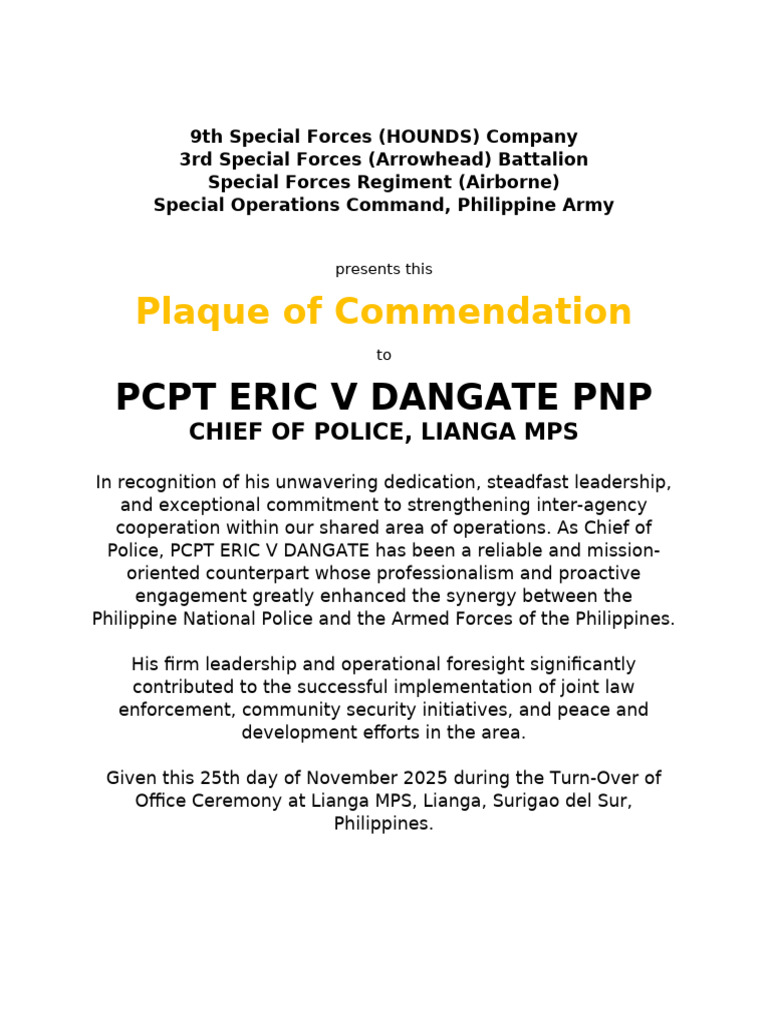 Commendation for PCPT Eric V Dangate | PDF