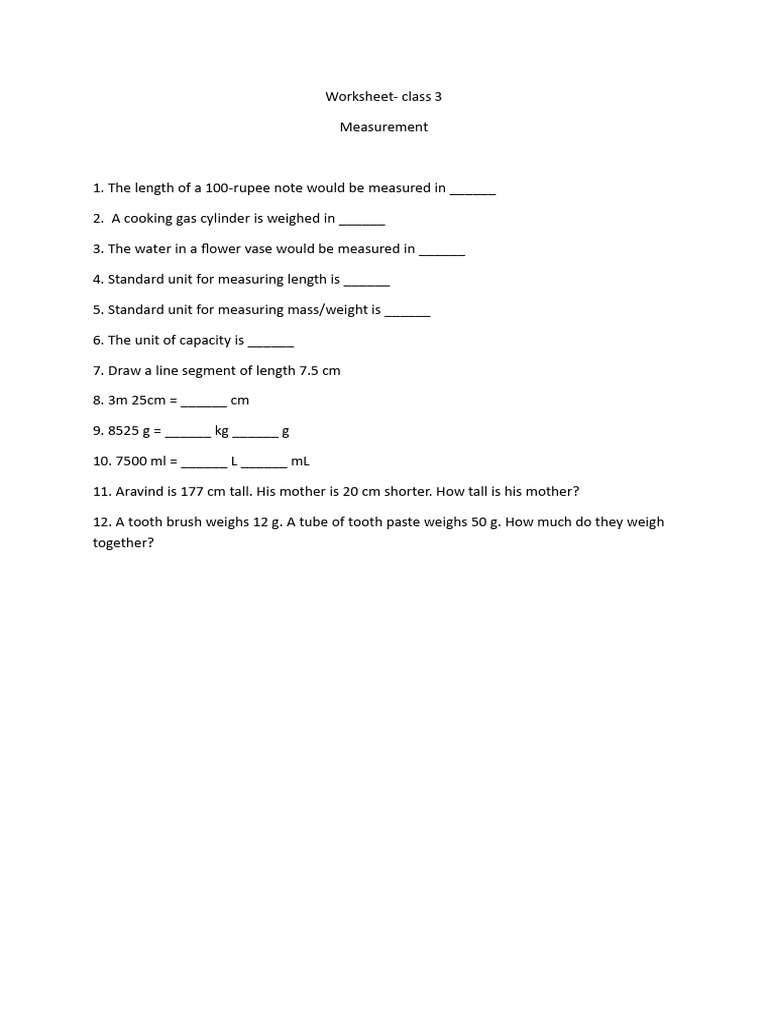 Class 3 Measurement Worksheet | PDF