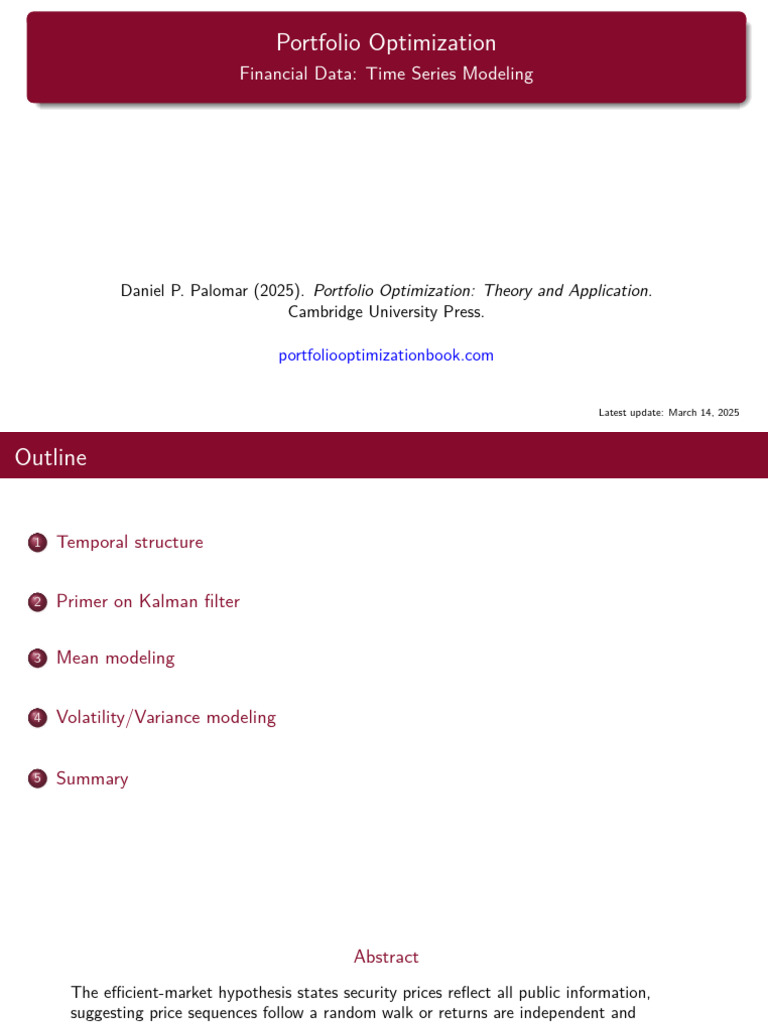 Kalman Filter - Portfolio Optimization - Daniel Palomar (2025) | PDF ...