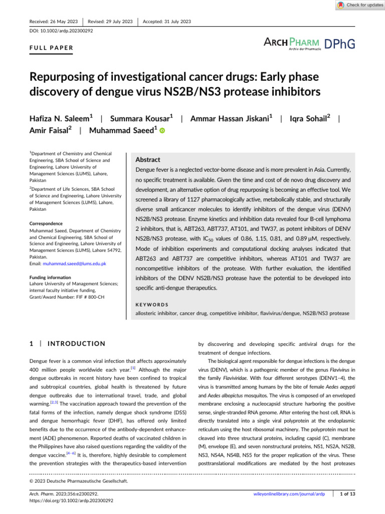 Cancer Drug Repurposing for Dengue Inhibition | PDF | Enzyme Inhibitor ...
