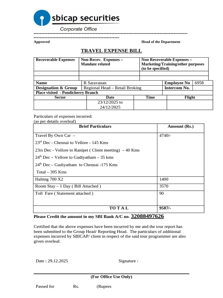 Travel Expense Bill Submission Form | PDF