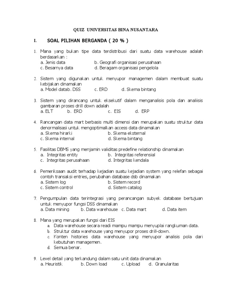 Soal Kuis Data Warehouse