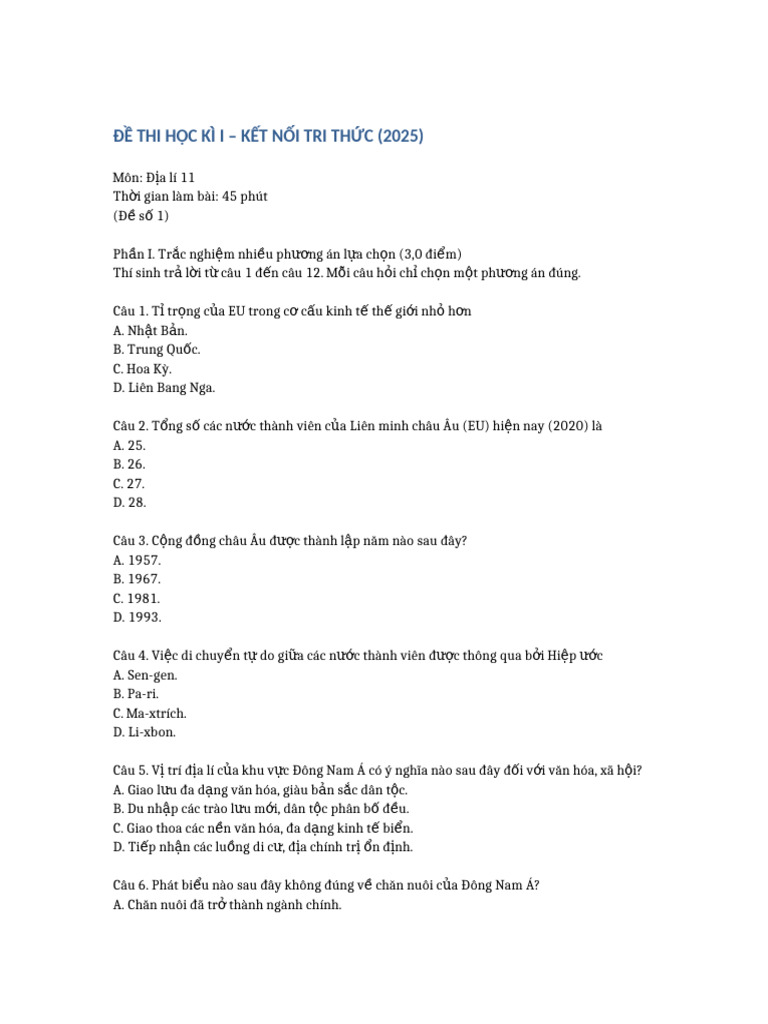 De Thi Dia Li 11 HK1 2025 | PDF
