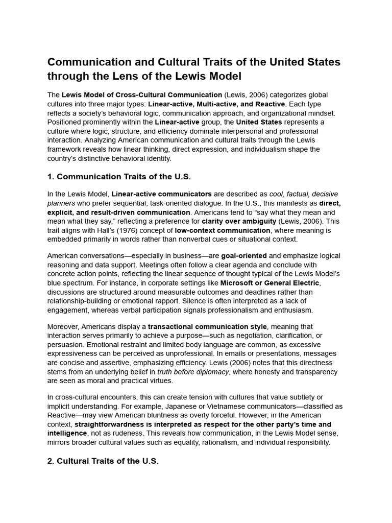 U.S. Communication & Culture: Lewis Model Insights | PDF ...