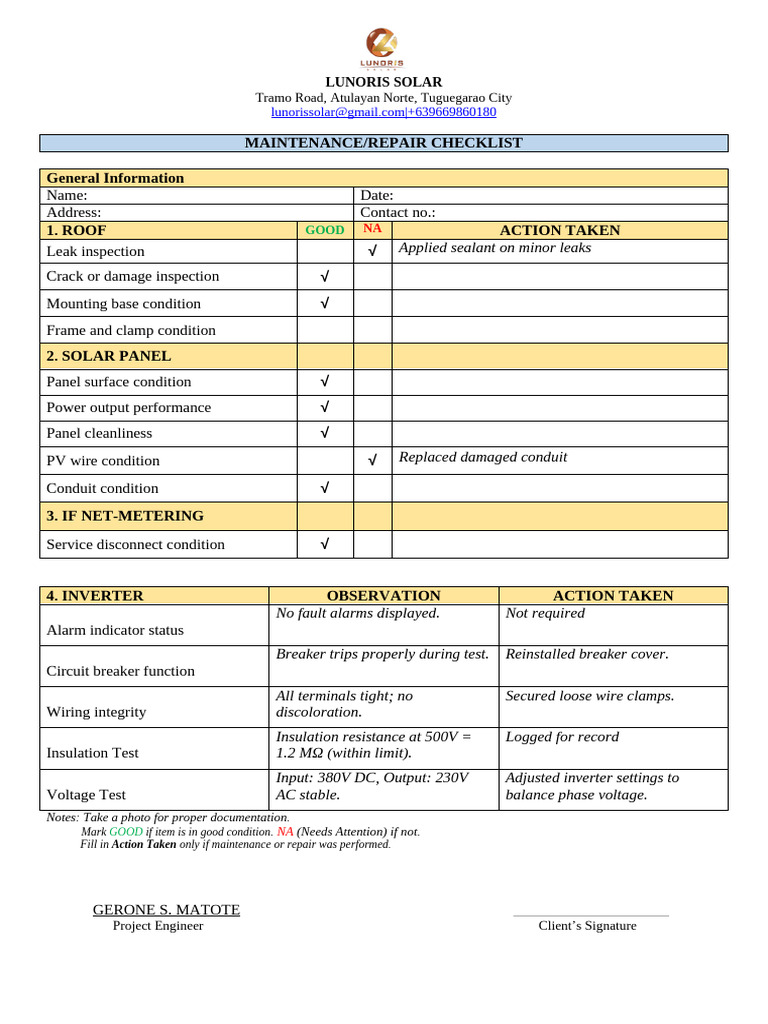 Solar Maintenance Checklist Template | PDF | Power Inverter ...