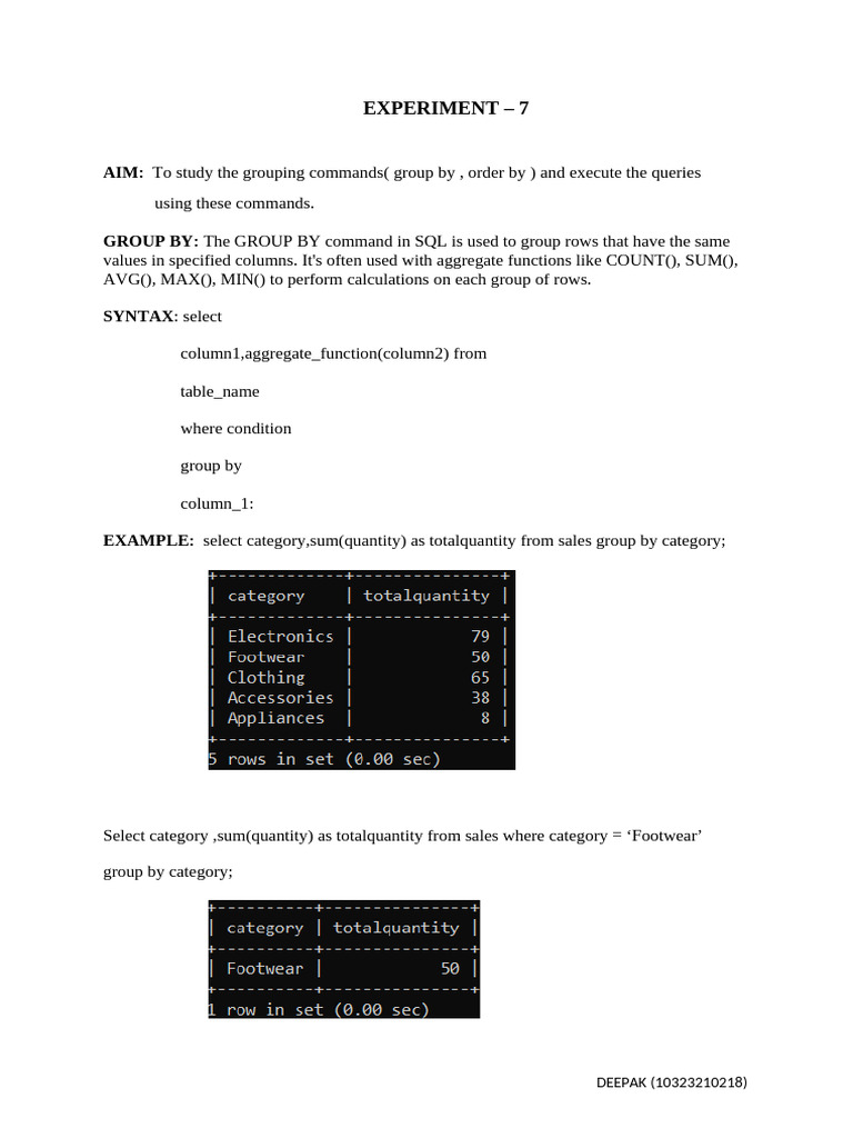 SQL Group By and Order By Commands | PDF