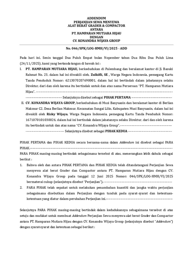 Addendum Sewa Grader & Compactor 2025 | PDF