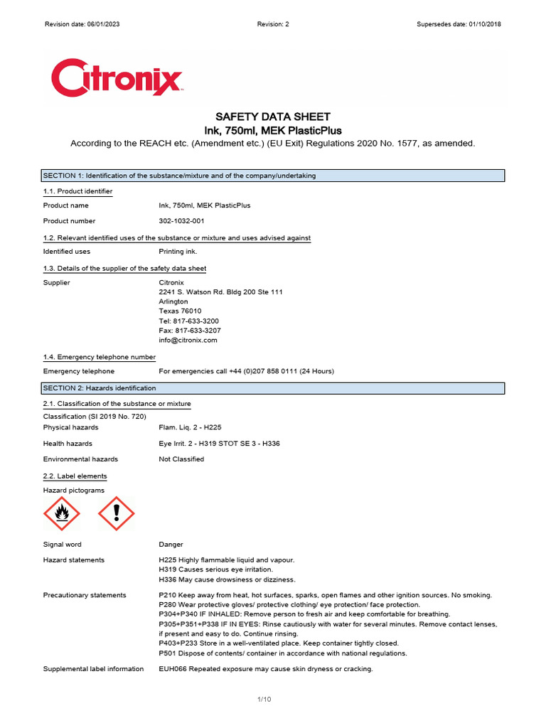 MEK PlasticPlus Ink Safety Data Sheet | PDF | Toxicity | Firefighting