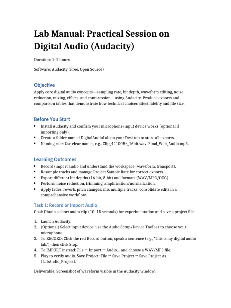 Digital Audio Lab Manual: Audacity Guide | PDF | Mp3 | Data Compression