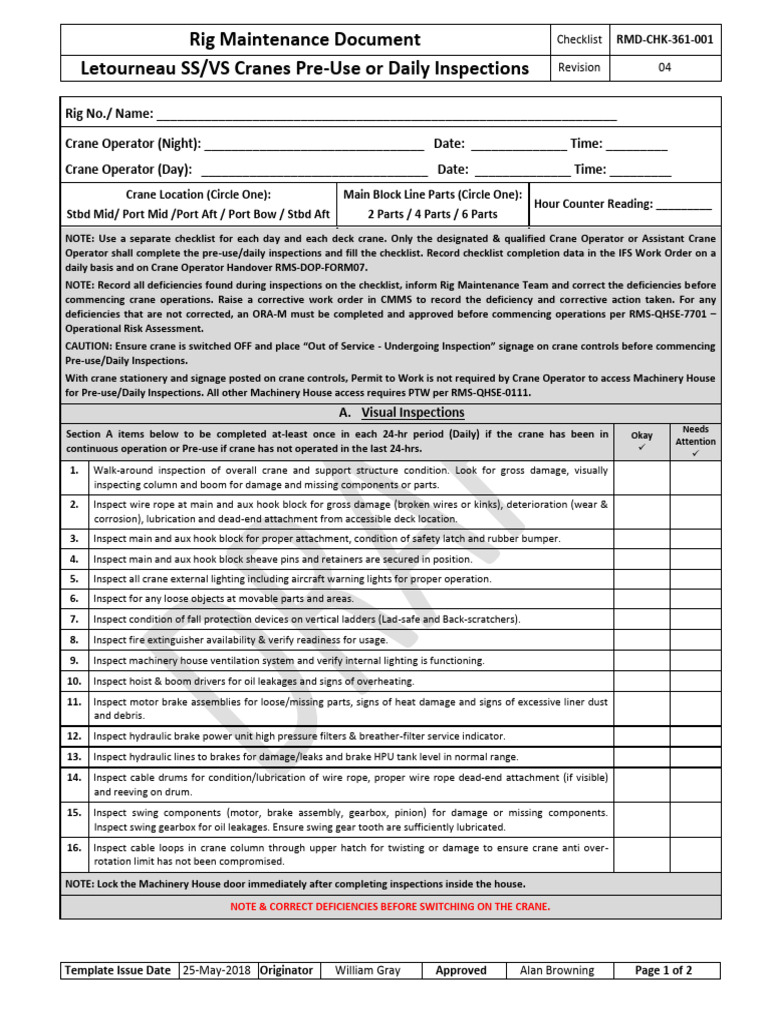 RMD-CHK-361-001 - Rev 04 - LeT SS-Vs Crane Pre-Use Daily Insp | PDF ...