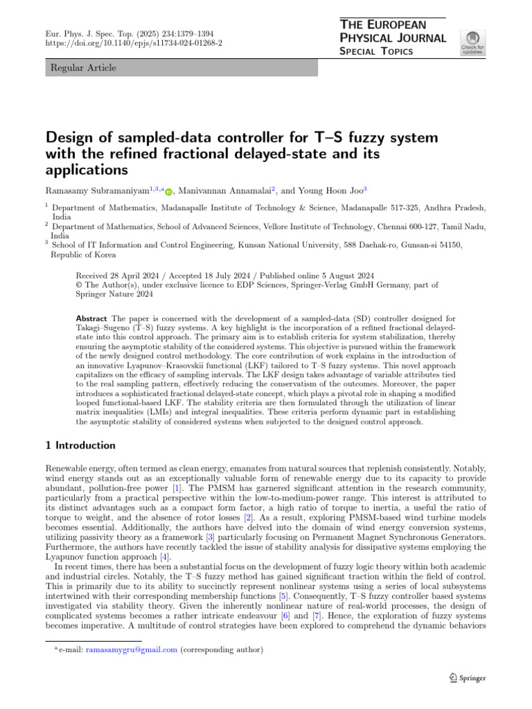 Design of Sampled-data Controller for T–S Fuzzy System | PDF | Matrix ...