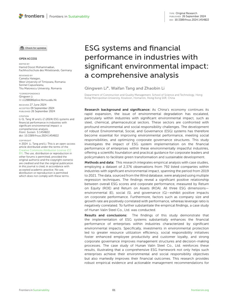 ESG Impact on Financial Performance | PDF | Governance | Corporate ...
