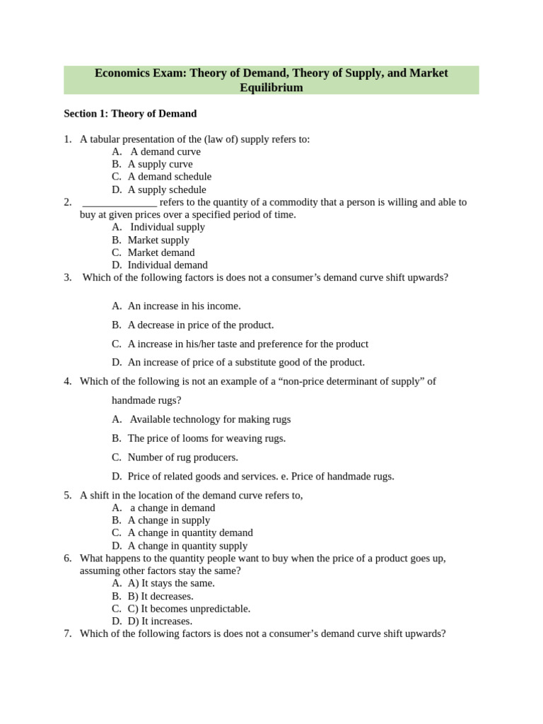 Economics Exam: Demand, Supply, Equilibrium | PDF | Supply (Economics ...