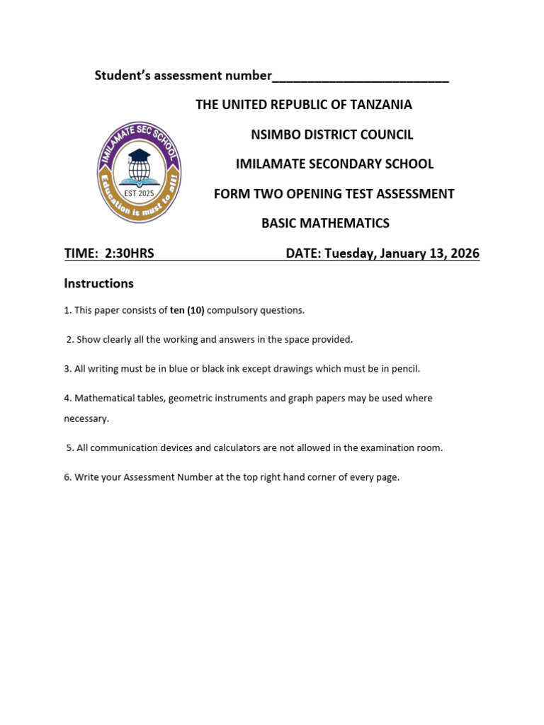 Form Two Basic Mathematics Test 2026 | PDF