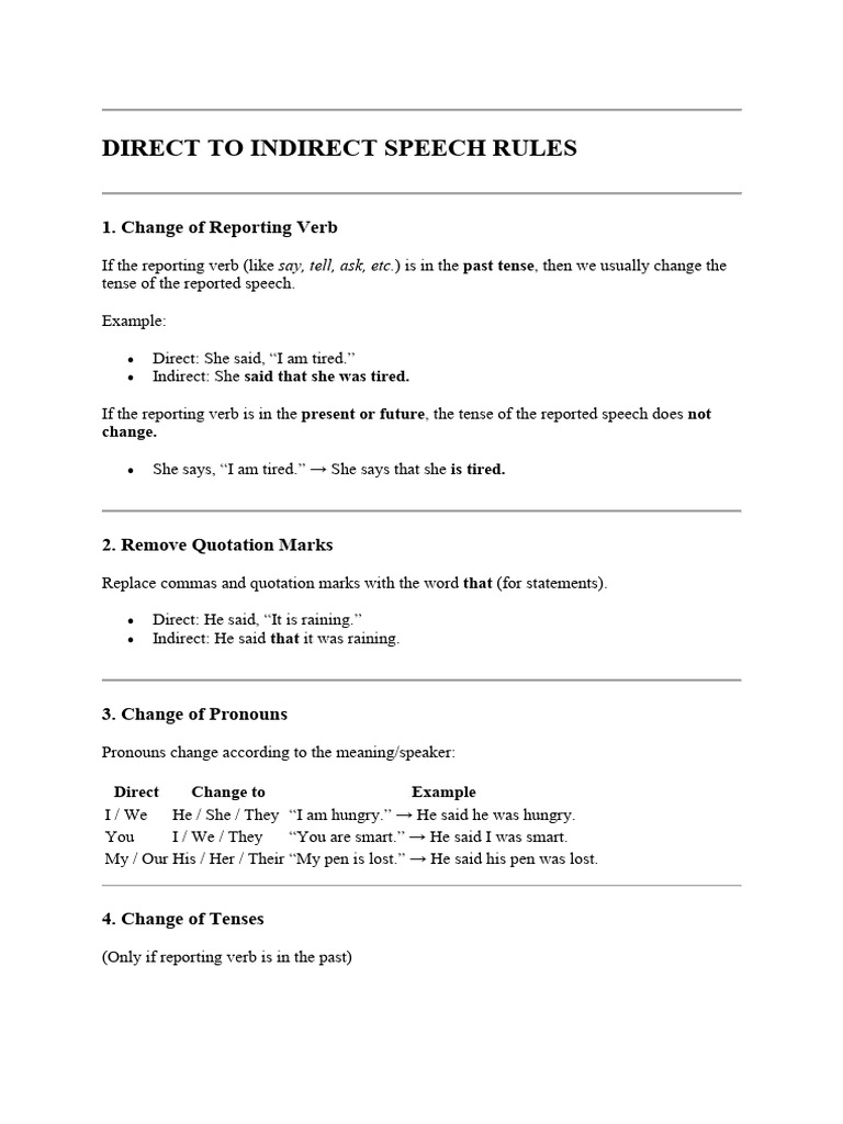 Direct to Indirect Speech Rules | PDF | Sentence (Linguistics) | Verb