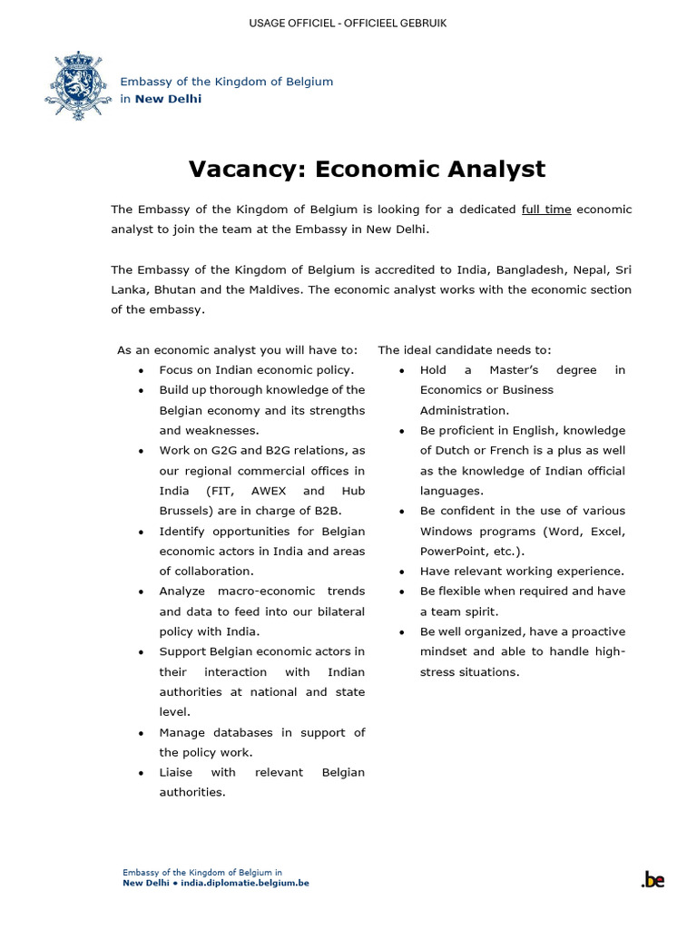 Economic Analyst Vacancy at Belgian Embassy | PDF