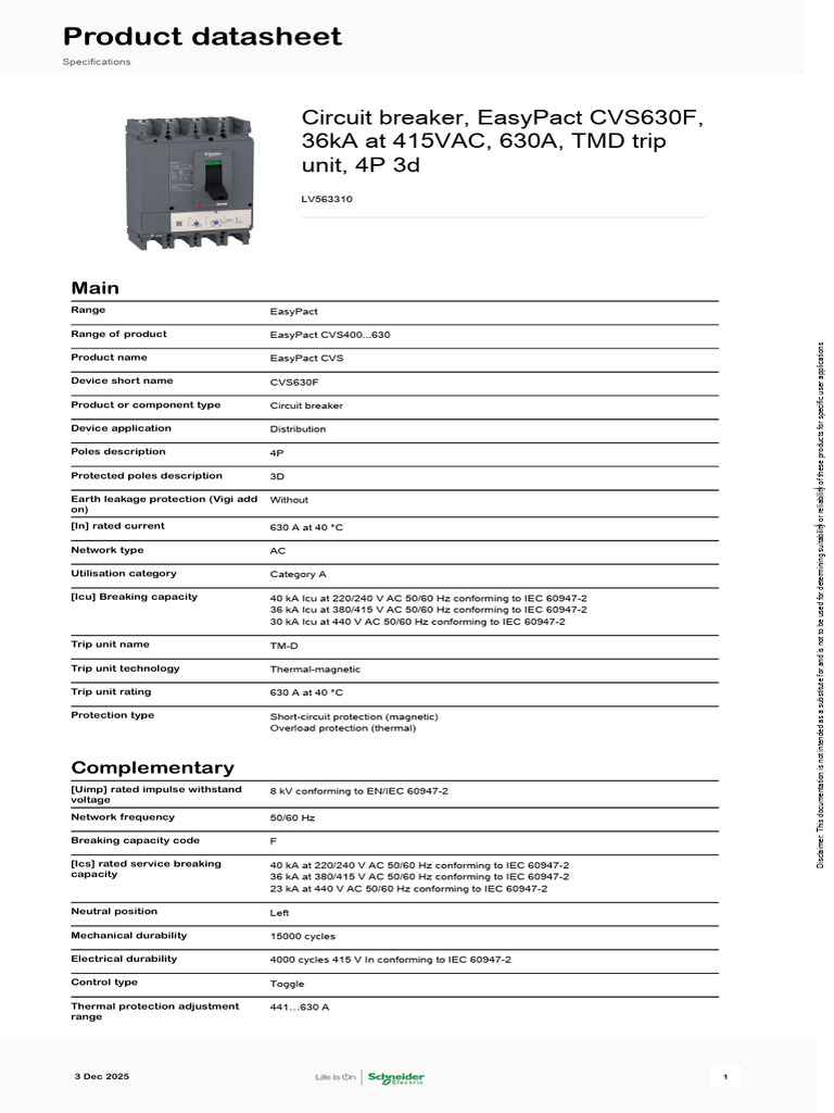 EasyPact CVS630F Circuit Breaker Specs | PDF | Alternating Current ...