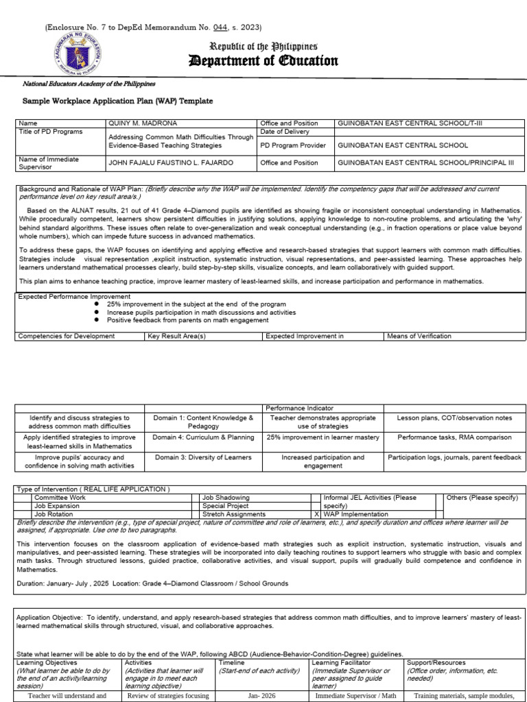 Math Difficulties WAP Template Guide | PDF | Learning | Mathematics