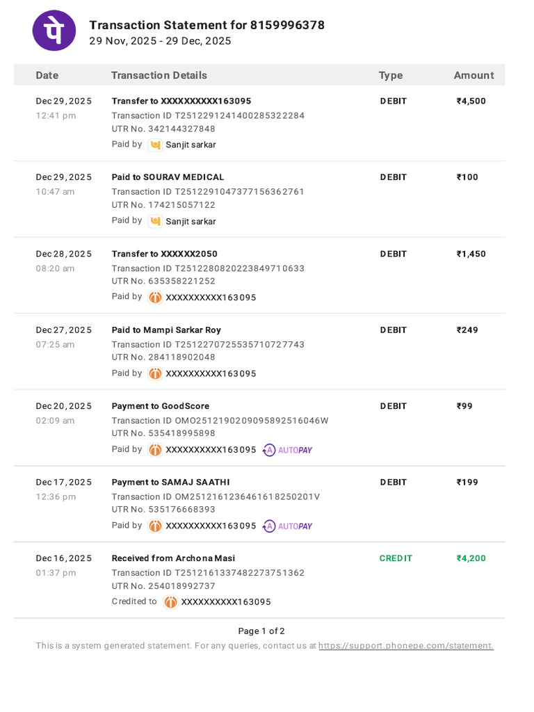 Transaction Statement for 8159996378 | PDF | Debit Card | Payments