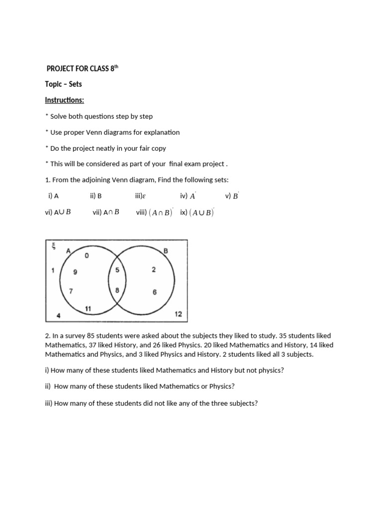 Class 8 Project on Sets and Venn Diagrams | PDF
