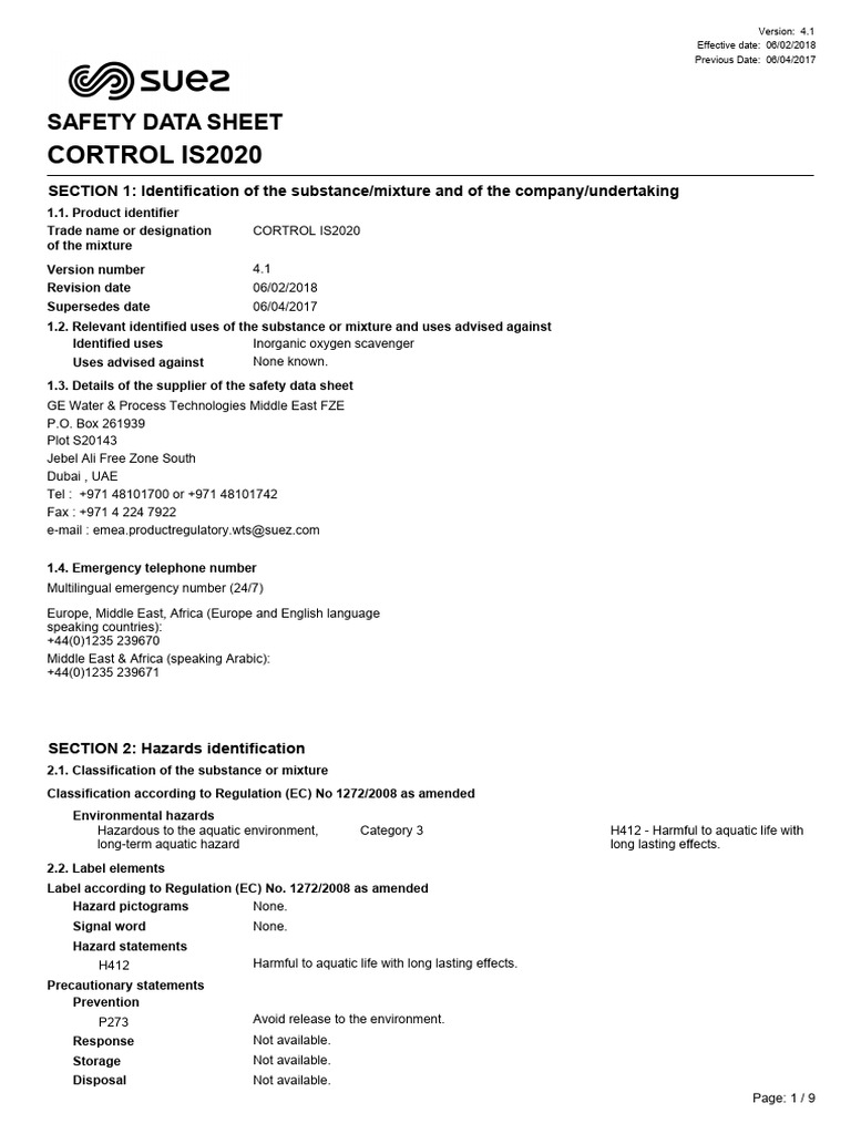 CORTROL IS2020 Safety Data Sheet | PDF | Toxicity | Occupational Safety ...