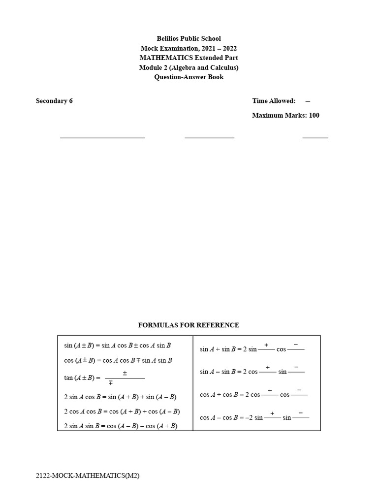 Mock Mathematics Exam 2021-2022 | PDF | Linear Algebra | Mathematical ...