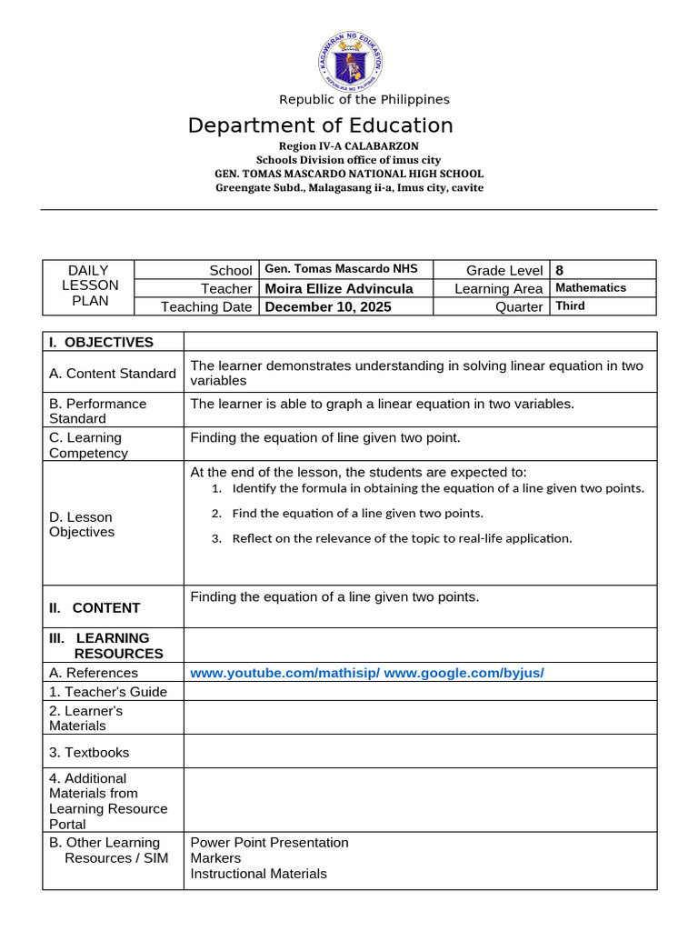 Grade 8 Math Lesson Plan: Linear Equations | PDF | Equations | Teachers