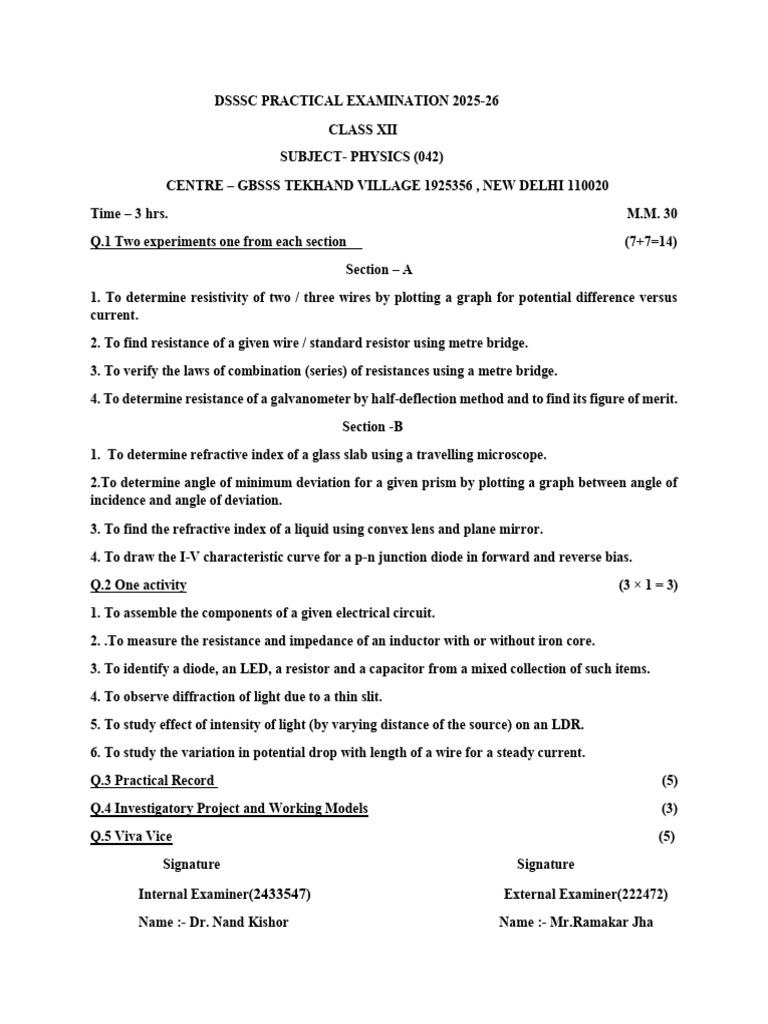Class XII Physics Practical Exam 2025-26 | PDF | Electrical Network ...