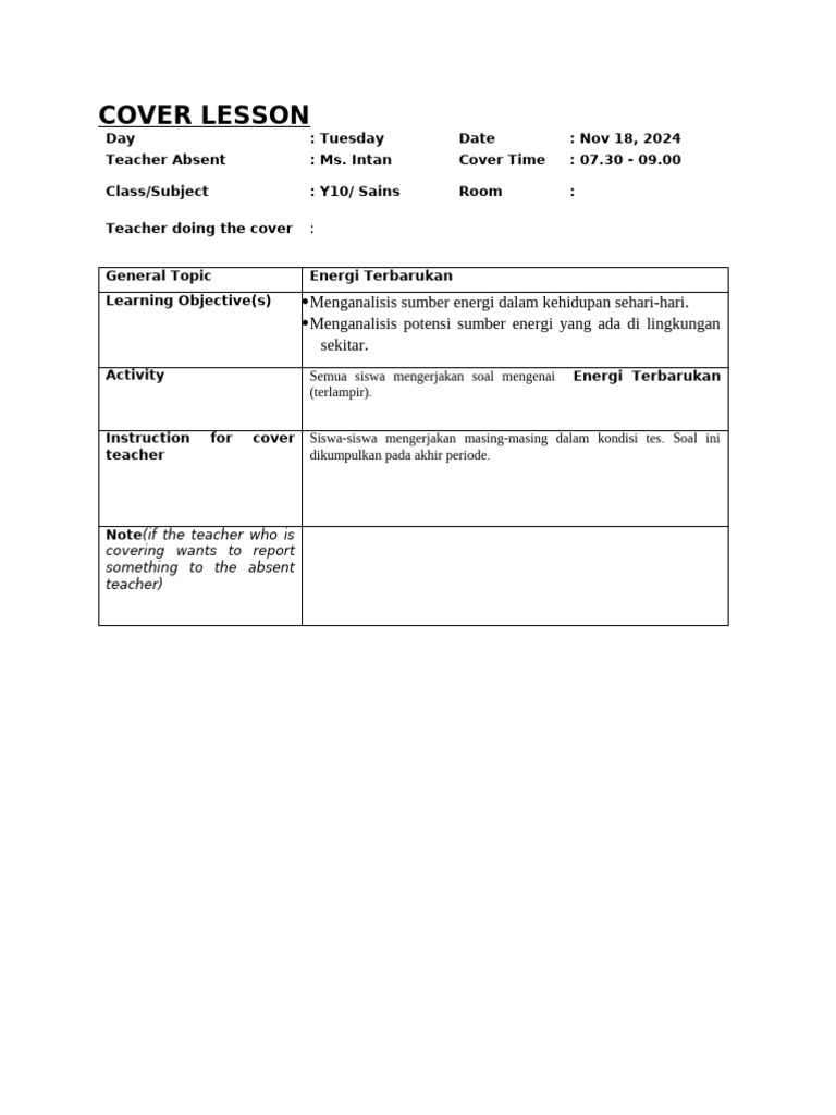 COVER LESSON Energi Terbarukan Y10 | PDF