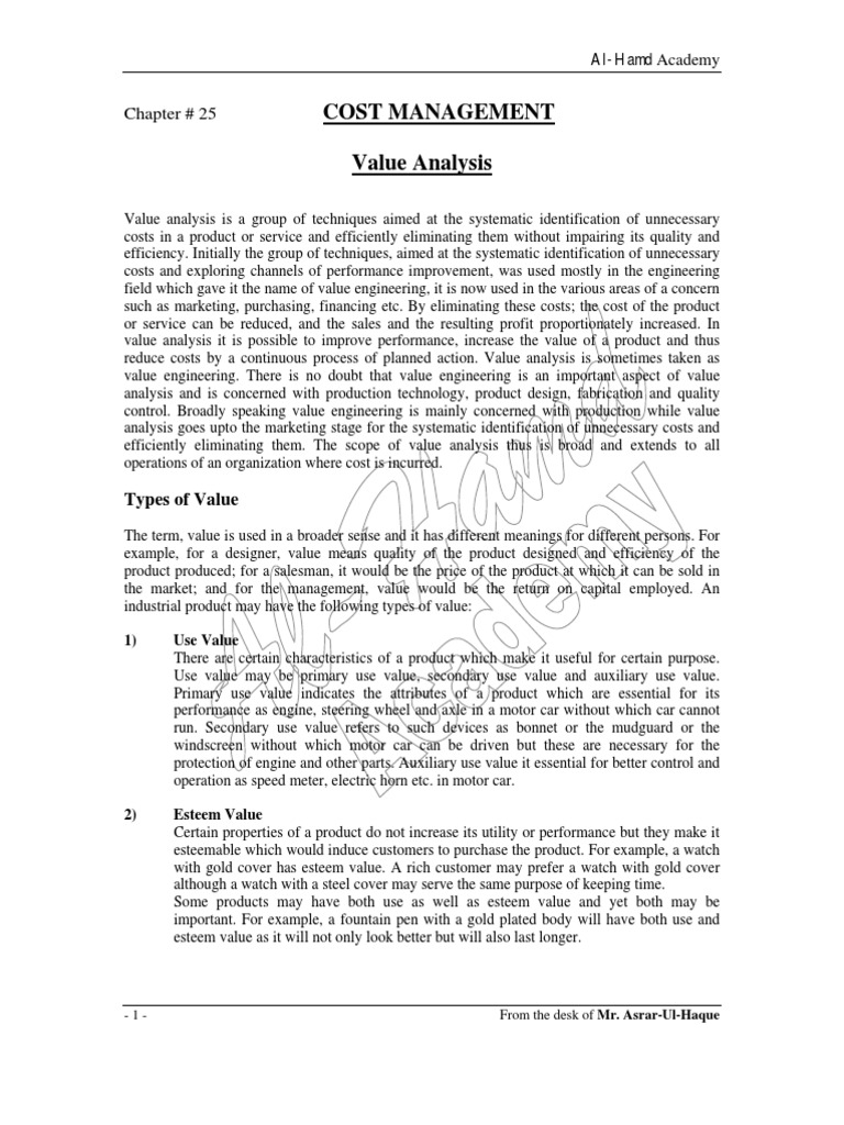 Cost Management and Value Analysis Techniques | PDF | Business